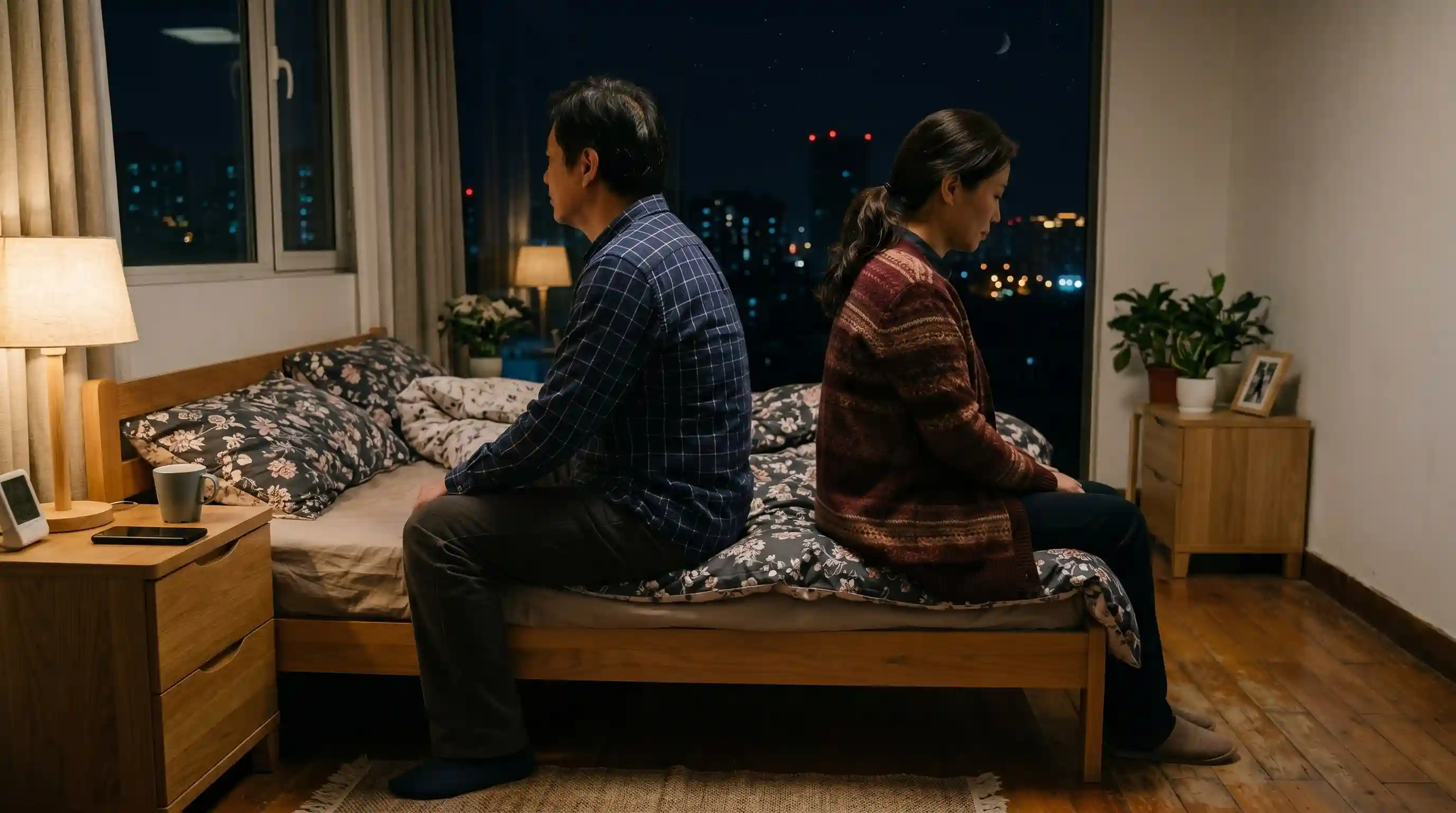 中年夫妻背對背坐在床邊